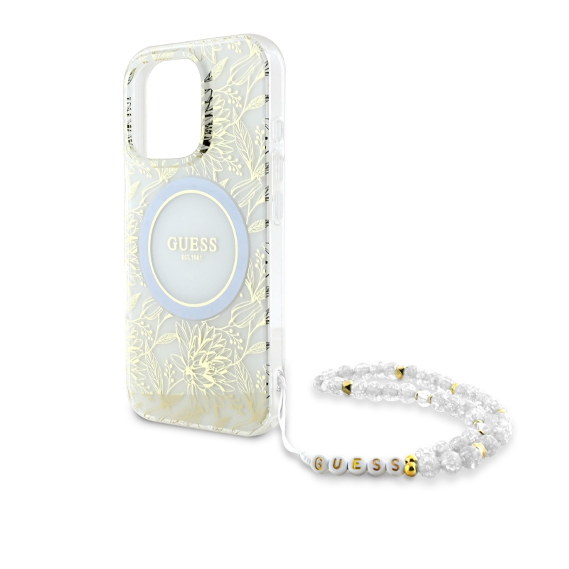 Guess IML Flowers Allover Strap MagSafe Zadný Kryt pre iPhone 16 Pro Max White