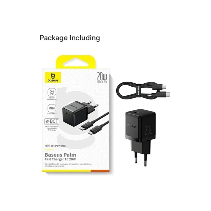 Rýchla nabíjačka Baseus Palm USB-C 20W + dátový kábel USB-C/USB-C 1m čierna
