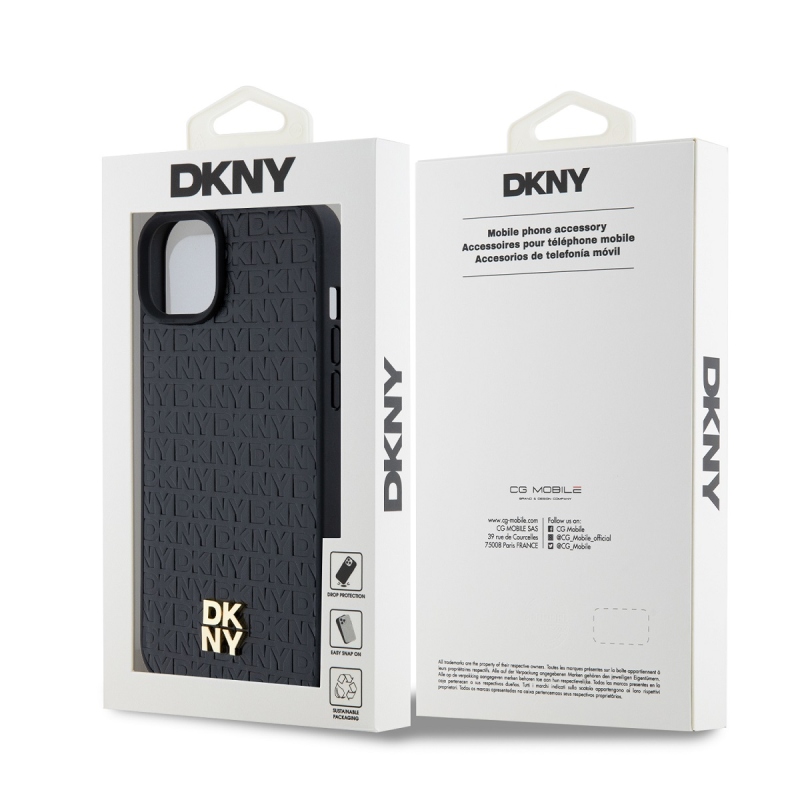 DKNY PU Leather Repeat Pattern Stack Logo Magsafe Zadný Kryt pre iPhone 13 Black