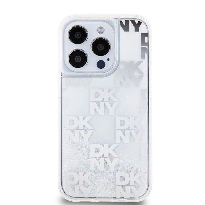 DKNY Liquid Glitter Checkered Pattern Zadný Kryt pre iPhone 15 Pro Transparent