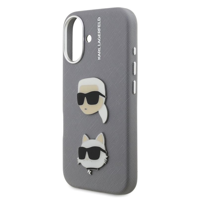 Karl Lagerfeld Grained PU K&CH Heads Zadný Kryt pre iPhone 16 Grey