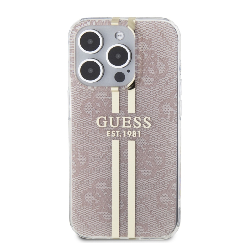 Guess IML 4G Gold Stripe Zadný Kryt pre iPhone 15 Pro Pink