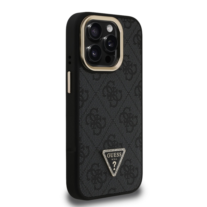Guess PU 4G Strass Triangle Logo Stand Camera Frame MagSafe Zadný Kryt pre iPhone 15 Pro Black