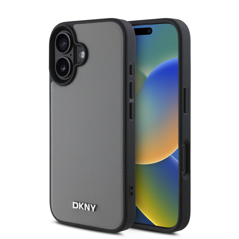 DKNY PU Leather Silver Metal Logo Magsafe Zadný Kryt pre iPhone 16 Grey