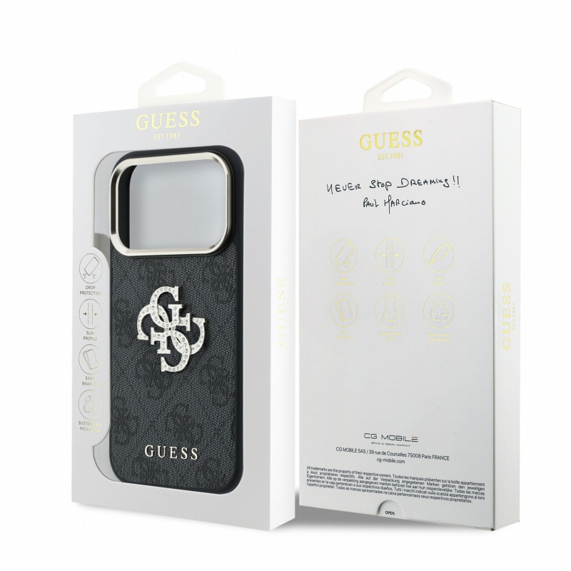 Guess PU 4G Strass Metal Logo zadný kryt pre iPhone 18 Pro, čierny