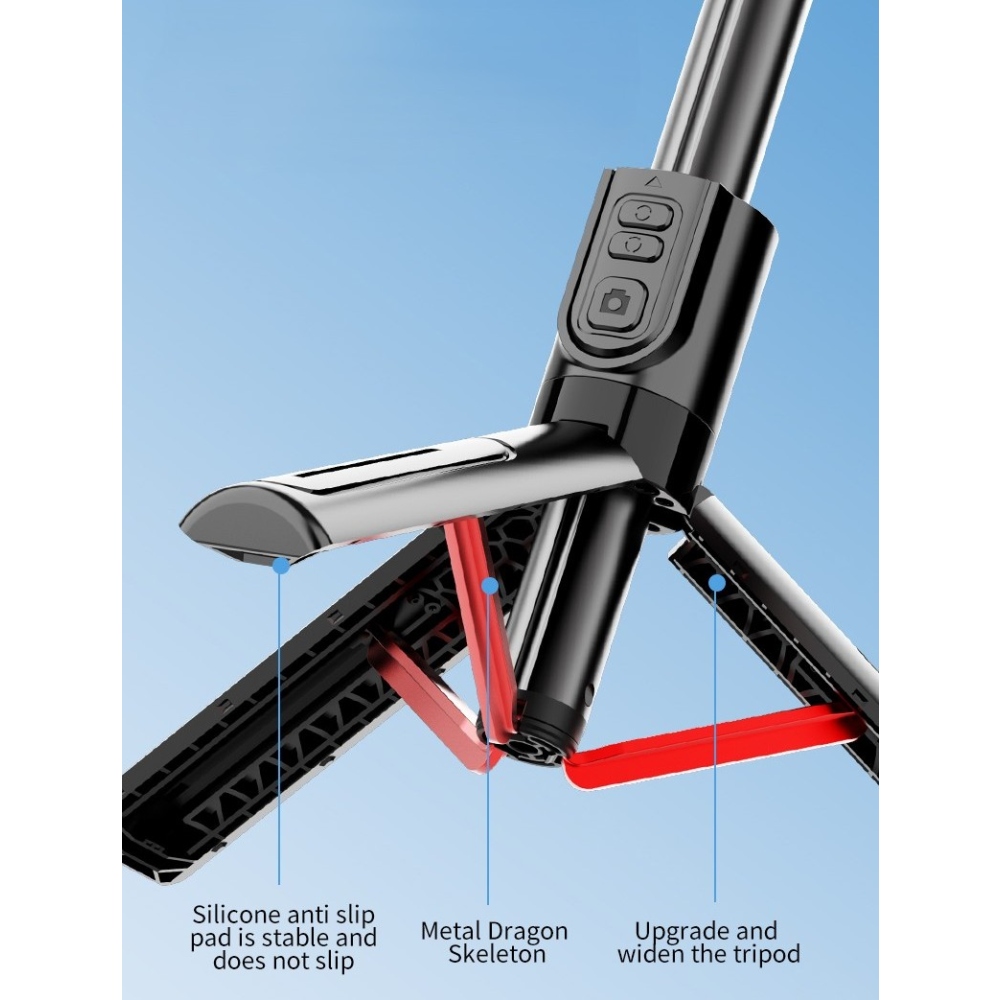 C08 stabilizátor na mobil so selfie tyčou, statívom a Bluetooth ovládaním - čierna / červená