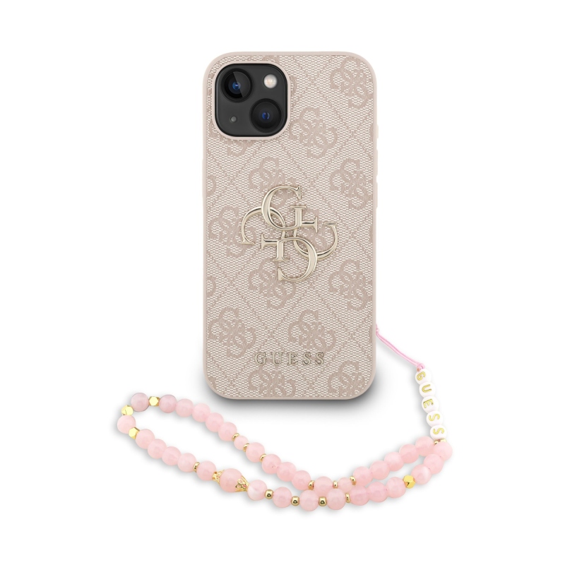 Guess PU 4G Metal Logo Strap Zadný Kryt pre iPhone 15 Pink